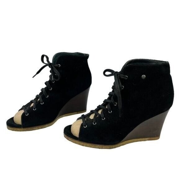 Ugg Elyse Black Leather Open Toe Lace Up Wedge Womens Booties Size 7 - Picture 3 of 12